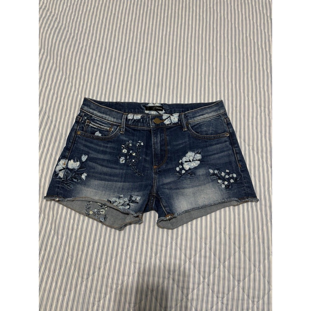 Aqua Embroidered floral blue Jean Cut Off Shorts Womens 26 White Flower Boho